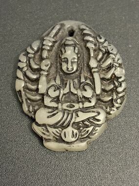 Vintage Carved Green Stone Guanyin Pendant Jade Look Spiritual